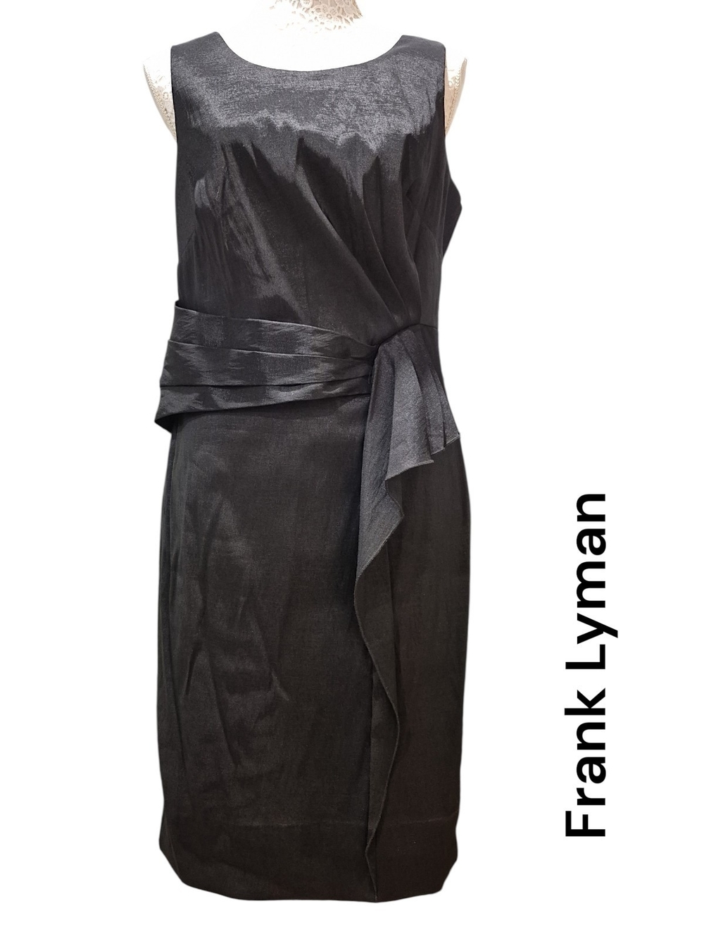 Frank Lyman Design Black Sleeveless Sheath Dress with Draped Waist Sash